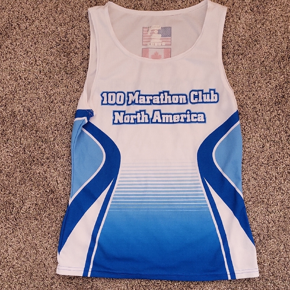 100 Marathon Club North America Men's Blue and White Tank Top